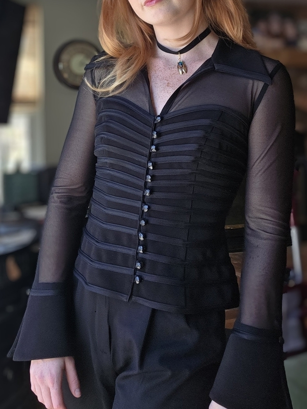 Vintage JS Signature Black Sheer Long-Sleeve Button Front Blouse